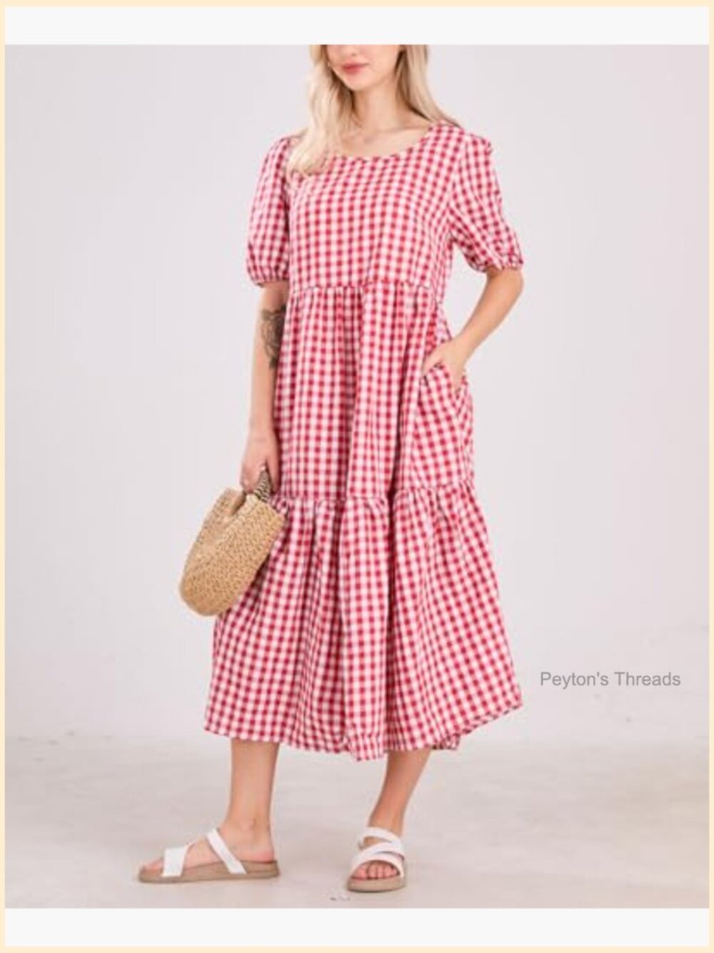 Retro Lantern Puff Sleeve Plaid Dress Gingham Swing Tiered Midi Long - Picture 3 of 7